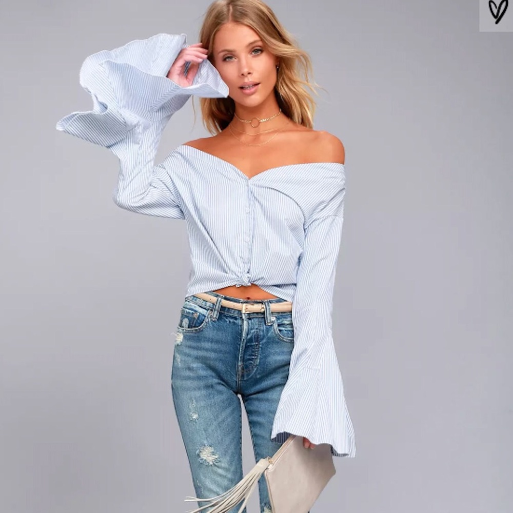 Blue and white striped off the shoulder top
